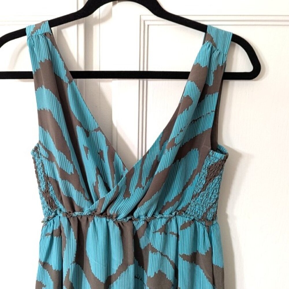 Banana Republic 100% Silk Printed Ruffled Hem Maxi Dress Turquoise Brown Size 0 - Picture 6 of 8